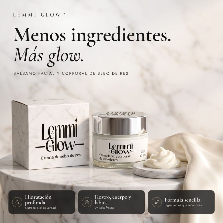 Lemmi Glow, crema facial y corporal de sebo de res, con su caja